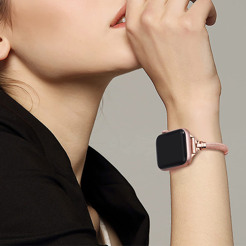 For Apple Watch Ultra 49mm / Series 8 45mm / 7 45mm / SE / SE (2022) 44mm / 4 / 5 / 6 44mm / 3 / 2 / 1 42mm Stylish Durable Bracelet Metal Smart Watch Band Wrist Strap Replacement - Rose Gold - UNIQBUY