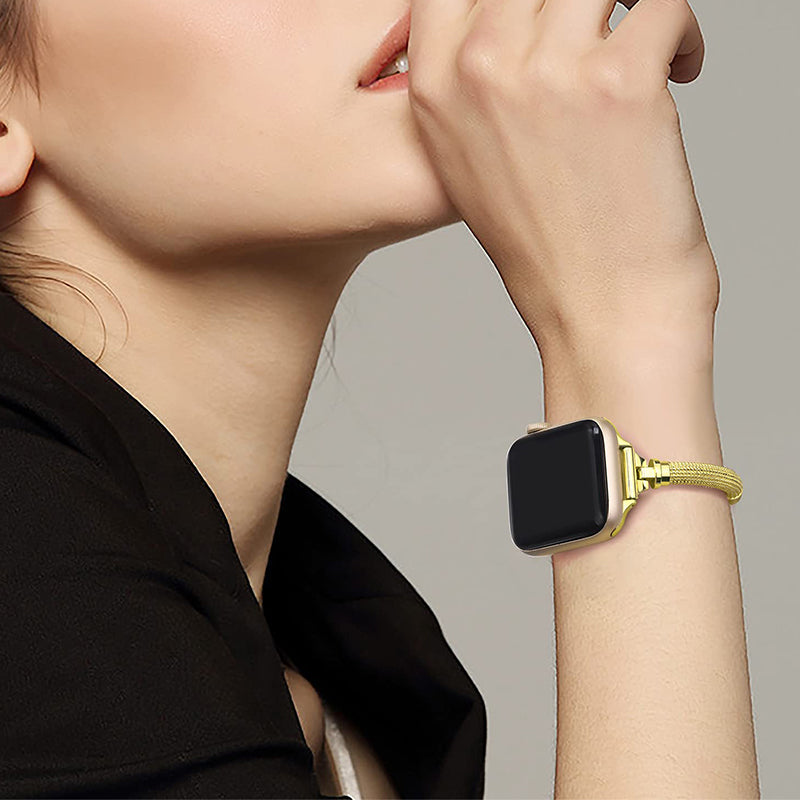 For Apple Watch Ultra 49mm / Series 8 45mm / 7 45mm / SE / SE (2022) 44mm / 4 / 5 / 6 44mm / 3 / 2 / 1 42mm Stylish Durable Bracelet Metal Smart Watch Band Wrist Strap Replacement - Gold - UNIQBUY