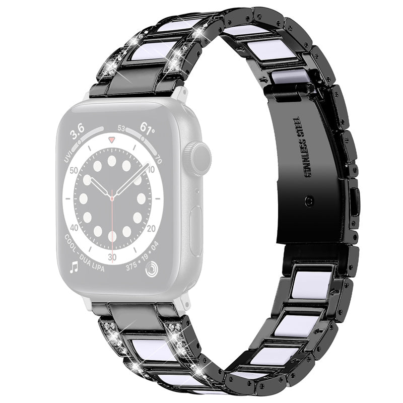 For Apple Watch Ultra 49mm / Series 8 45mm / 7 45mm / Series 6 / 5 / 4 / SE 44mm / SE (2022) 44mm / Series 3 / 2 / 1 42mm Resin Watch Band Rhinestone Decor Replacement Stainless Steel Strap - Black / White - UNIQBUY