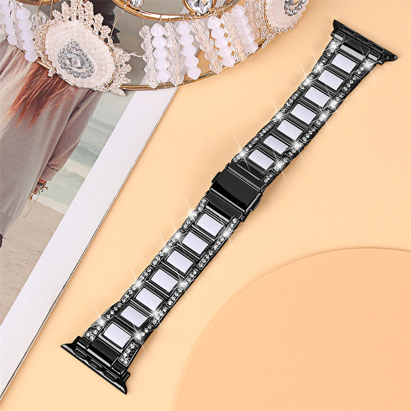 For Apple Watch Ultra 49mm / Series 8 45mm / 7 45mm / Series 6 / 5 / 4 / SE 44mm / SE (2022) 44mm / Series 3 / 2 / 1 42mm Resin Watch Band Rhinestone Decor Replacement Stainless Steel Strap - Black / White - UNIQBUY