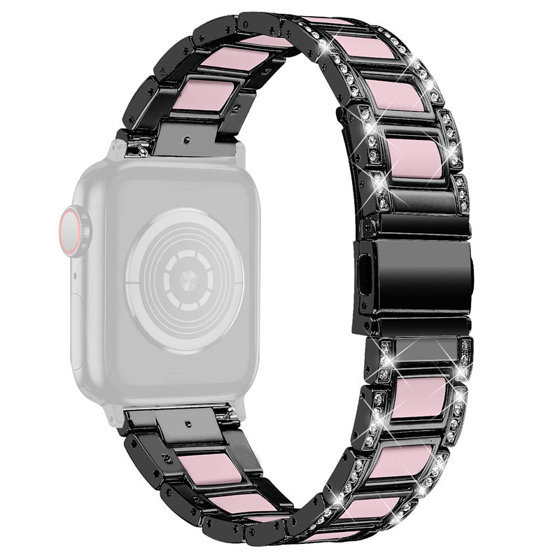 For Apple Watch Ultra 49mm / Series 8 45mm / 7 45mm / Series 6 / 5 / 4 / SE 44mm / SE (2022) 44mm / Series 3 / 2 / 1 42mm Resin Watch Band Rhinestone Decor Replacement Stainless Steel Strap - Black / Pink - UNIQBUY