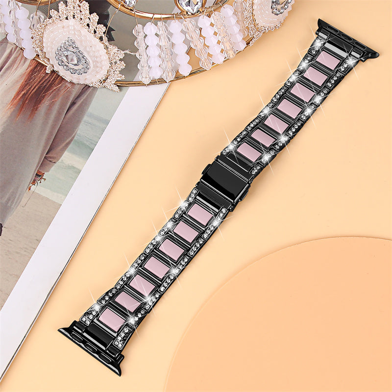 For Apple Watch Ultra 49mm / Series 8 45mm / 7 45mm / Series 6 / 5 / 4 / SE 44mm / SE (2022) 44mm / Series 3 / 2 / 1 42mm Resin Watch Band Rhinestone Decor Replacement Stainless Steel Strap - Black / Pink - UNIQBUY