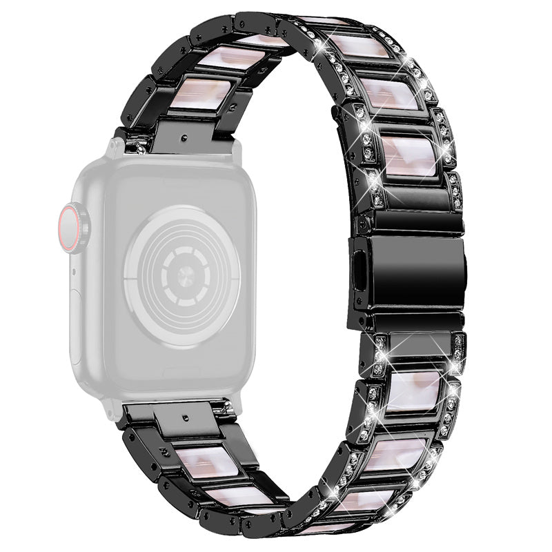 For Apple Watch Ultra 49mm / Series 8 45mm / 7 45mm / Series 6 / 5 / 4 / SE 44mm / SE (2022) 44mm / Series 3 / 2 / 1 42mm Resin Watch Band Rhinestone Decor Replacement Stainless Steel Strap - Black / Pink Mix - UNIQBUY