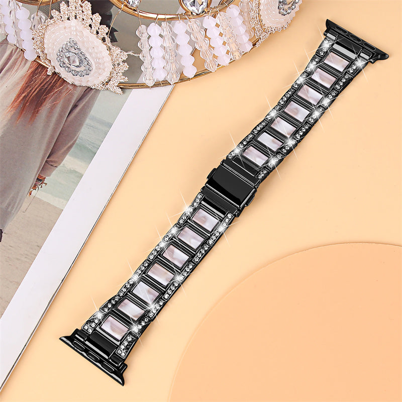 For Apple Watch Ultra 49mm / Series 8 45mm / 7 45mm / Series 6 / 5 / 4 / SE 44mm / SE (2022) 44mm / Series 3 / 2 / 1 42mm Resin Watch Band Rhinestone Decor Replacement Stainless Steel Strap - Black / Pink Mix - UNIQBUY