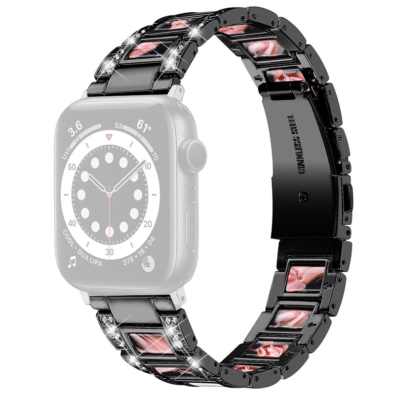 For Apple Watch Ultra 49mm / Series 8 45mm / 7 45mm / Series 6 / 5 / 4 / SE 44mm / SE (2022) 44mm / Series 3 / 2 / 1 42mm Resin Watch Band Rhinestone Decor Replacement Stainless Steel Strap - Black / Black Pink Mix - UNIQBUY
