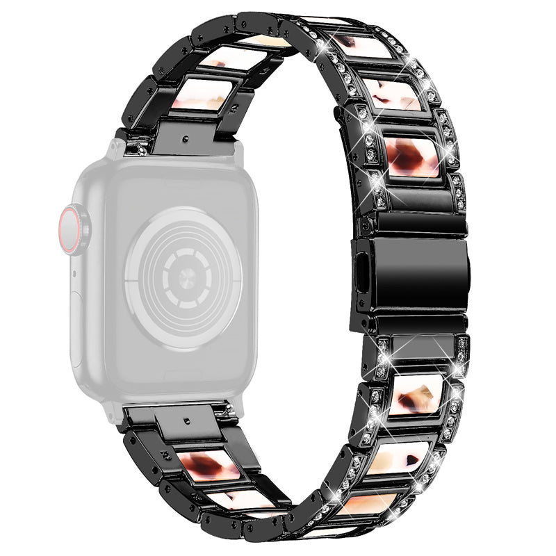 For Apple Watch Ultra 49mm / Series 8 45mm / 7 45mm / Series 6 / 5 / 4 / SE 44mm / SE (2022) 44mm / Series 3 / 2 / 1 42mm Resin Watch Band Rhinestone Decor Replacement Stainless Steel Strap - Black / Nougat Pattern - UNIQBUY