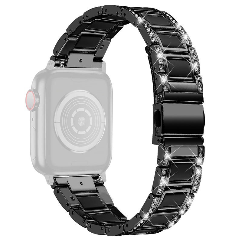 For Apple Watch Ultra 49mm / Series 8 45mm / 7 45mm / Series 6 / 5 / 4 / SE 44mm / SE (2022) 44mm / Series 3 / 2 / 1 42mm Resin Watch Band Rhinestone Decor Replacement Stainless Steel Strap - Black - UNIQBUY