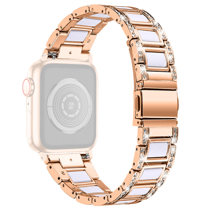 For Apple Watch Ultra 49mm / Series 8 45mm / 7 45mm / Series 6 / 5 / 4 / SE 44mm / SE (2022) 44mm / Series 3 / 2 / 1 42mm Resin Watch Band Rhinestone Decor Replacement Stainless Steel Strap - Rose Gold / White - UNIQBUY