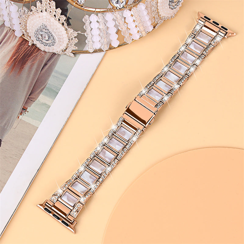 For Apple Watch Ultra 49mm / Series 8 45mm / 7 45mm / Series 6 / 5 / 4 / SE 44mm / SE (2022) 44mm / Series 3 / 2 / 1 42mm Resin Watch Band Rhinestone Decor Replacement Stainless Steel Strap - Rose Gold / Pink Mix - UNIQBUY