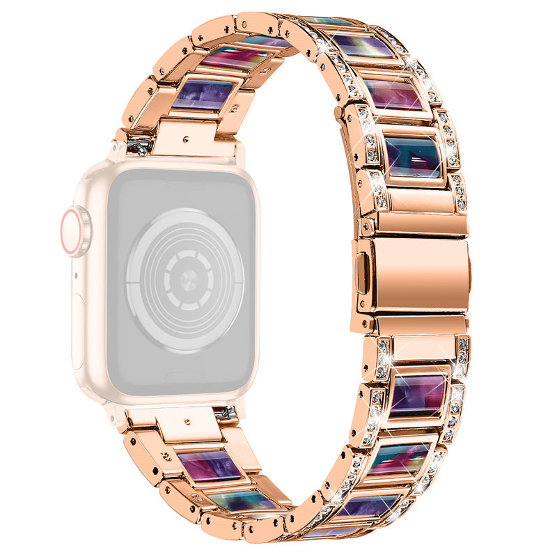 For Apple Watch Ultra 49mm / Series 8 45mm / 7 45mm / Series 6 / 5 / 4 / SE 44mm / SE (2022) 44mm / Series 3 / 2 / 1 42mm Resin Watch Band Rhinestone Decor Replacement Stainless Steel Strap - Rose Gold / Pink - UNIQBUY