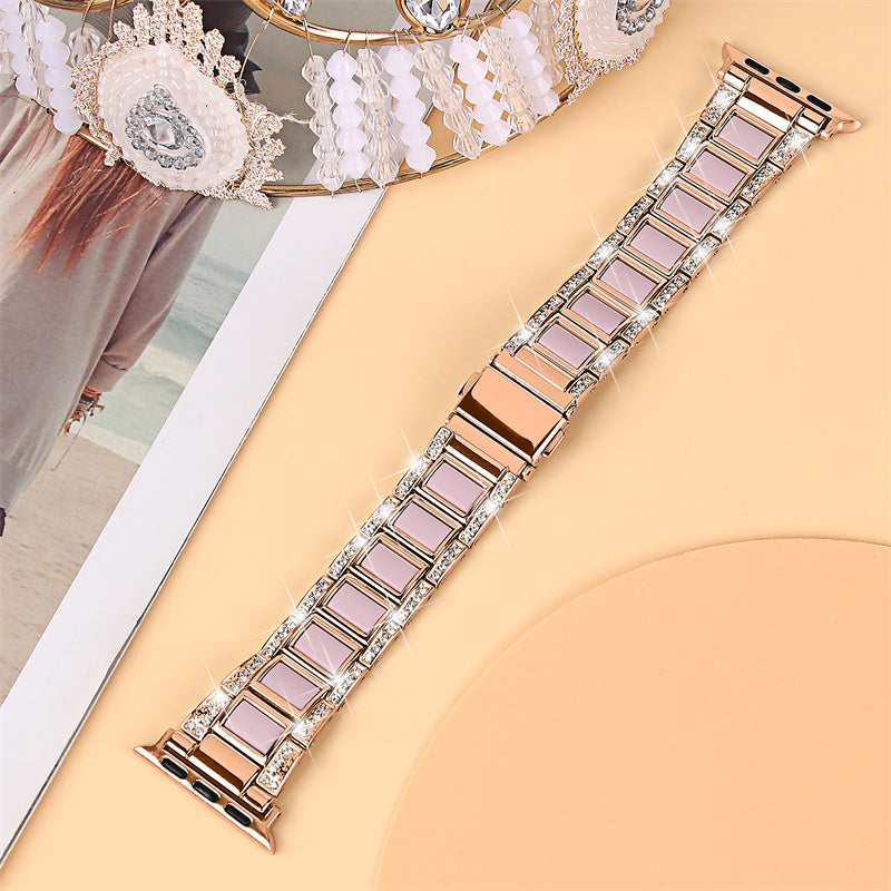 For Apple Watch Ultra 49mm / Series 8 45mm / 7 45mm / Series 6 / 5 / 4 / SE 44mm / SE (2022) 44mm / Series 3 / 2 / 1 42mm Resin Watch Band Rhinestone Decor Replacement Stainless Steel Strap - Rose Gold / Black Pink Mix - UNIQBUY