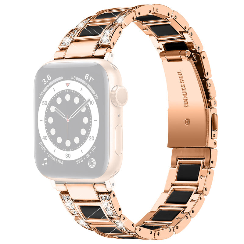 For Apple Watch Ultra 49mm / Series 8 45mm / 7 45mm / Series 6 / 5 / 4 / SE 44mm / SE (2022) 44mm / Series 3 / 2 / 1 42mm Resin Watch Band Rhinestone Decor Replacement Stainless Steel Strap - Rose Gold / Nougat Pattern - UNIQBUY