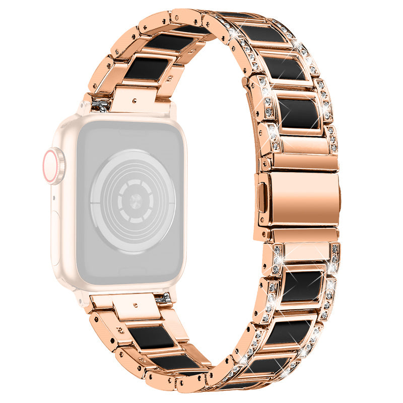 For Apple Watch Ultra 49mm / Series 8 45mm / 7 45mm / Series 6 / 5 / 4 / SE 44mm / SE (2022) 44mm / Series 3 / 2 / 1 42mm Resin Watch Band Rhinestone Decor Replacement Stainless Steel Strap - Rose Gold / Nougat Pattern - UNIQBUY