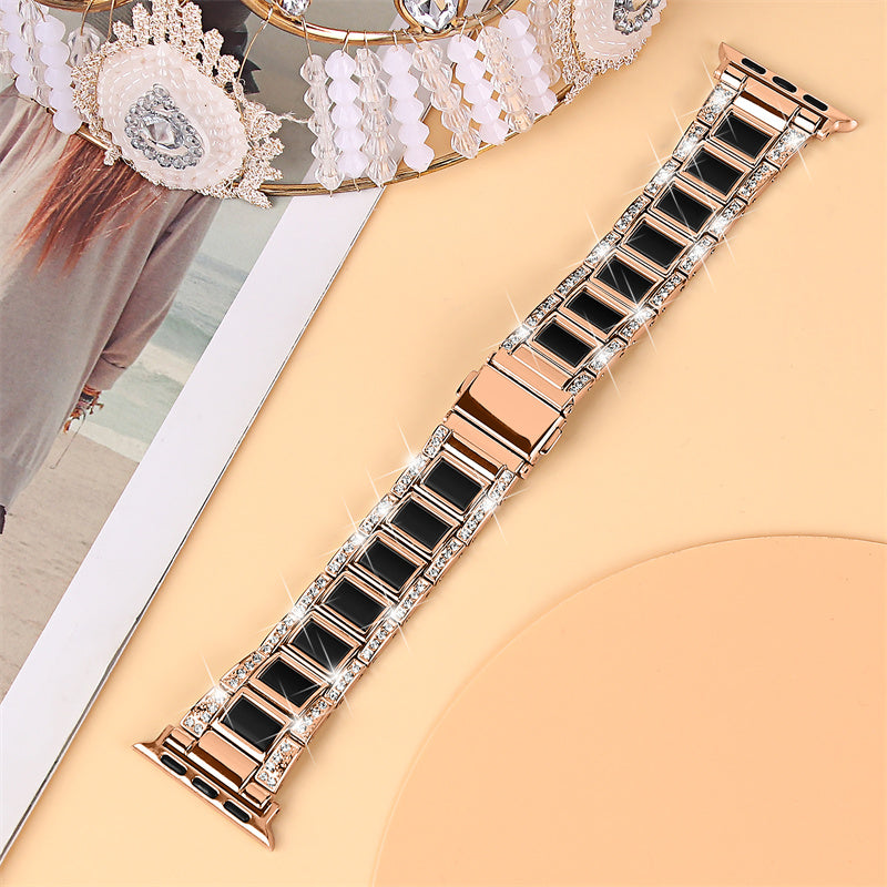 For Apple Watch Ultra 49mm / Series 8 45mm / 7 45mm / Series 6 / 5 / 4 / SE 44mm / SE (2022) 44mm / Series 3 / 2 / 1 42mm Resin Watch Band Rhinestone Decor Replacement Stainless Steel Strap - Rose Gold / Nougat Pattern - UNIQBUY