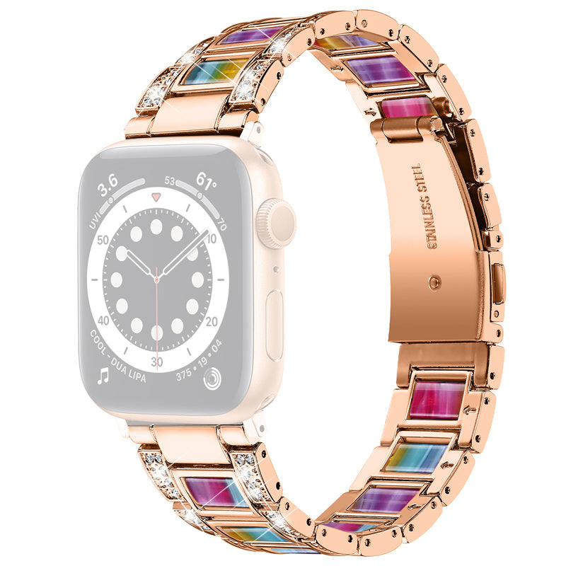 For Apple Watch Ultra 49mm / Series 8 45mm / 7 45mm / Series 6 / 5 / 4 / SE 44mm / SE (2022) 44mm / Series 3 / 2 / 1 42mm Resin Watch Band Rhinestone Decor Replacement Stainless Steel Strap - Rose Gold / Purple Green Mix - UNIQBUY