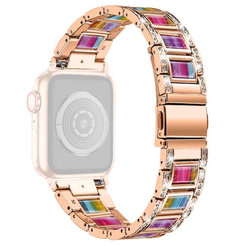 For Apple Watch Ultra 49mm / Series 8 45mm / 7 45mm / Series 6 / 5 / 4 / SE 44mm / SE (2022) 44mm / Series 3 / 2 / 1 42mm Resin Watch Band Rhinestone Decor Replacement Stainless Steel Strap - Rose Gold / Purple Green Mix - UNIQBUY