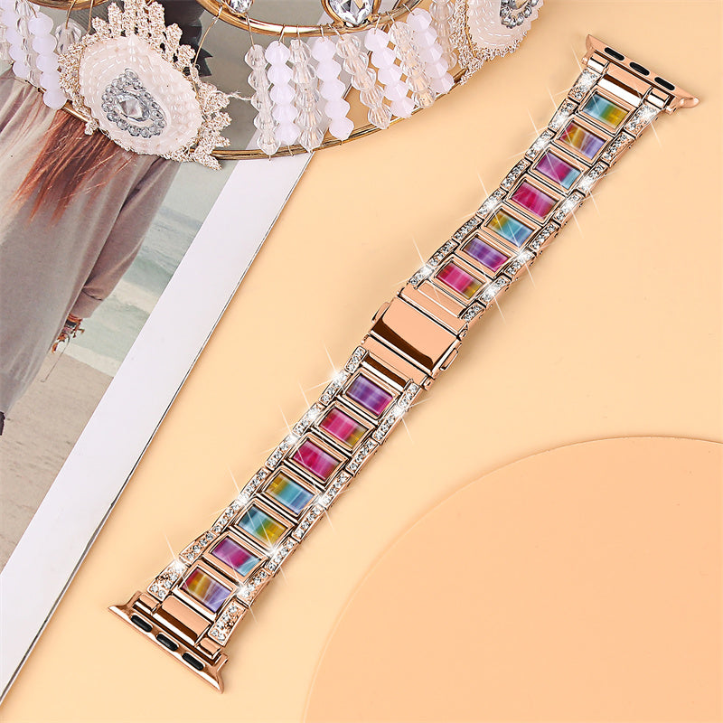 For Apple Watch Ultra 49mm / Series 8 45mm / 7 45mm / Series 6 / 5 / 4 / SE 44mm / SE (2022) 44mm / Series 3 / 2 / 1 42mm Resin Watch Band Rhinestone Decor Replacement Stainless Steel Strap - Rose Gold / Purple Green Mix - UNIQBUY