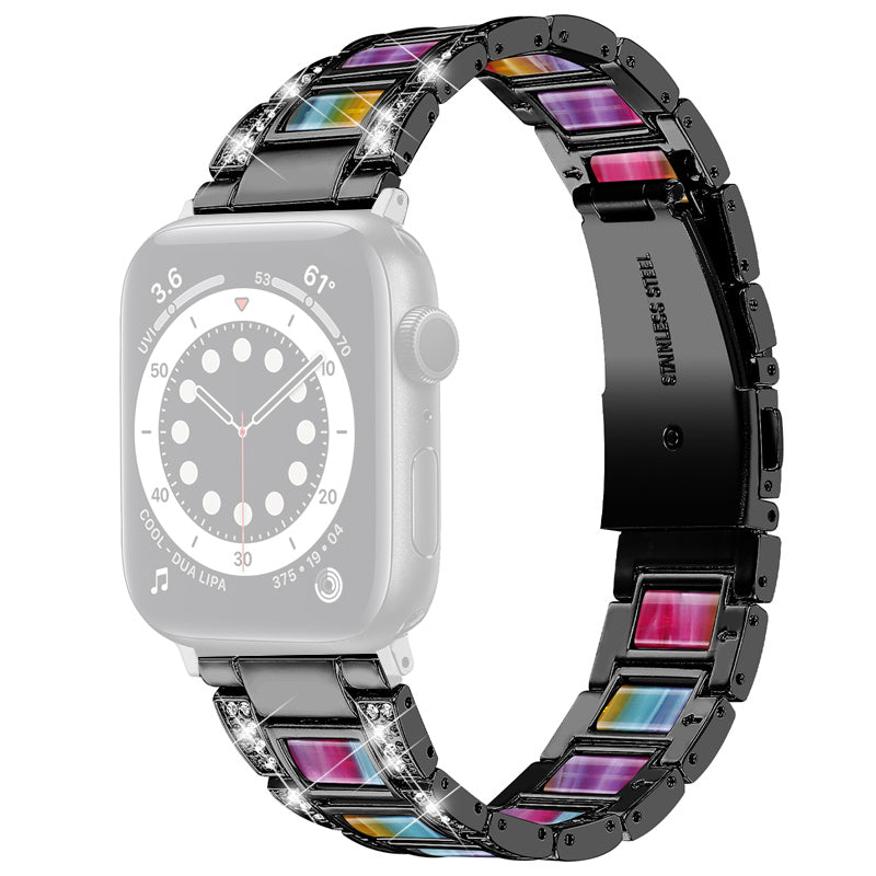For Apple Watch Series 8 41mm / Series 7 41mm / Series 6 / 5 / 4 / SE / SE(2022) 40mm / Series 3 / 2 / 1 38mm Stainless Steel Watch Band Bling Rhinestone Resin Bracelet Strap Replacement - Black / Colorful - UNIQBUY