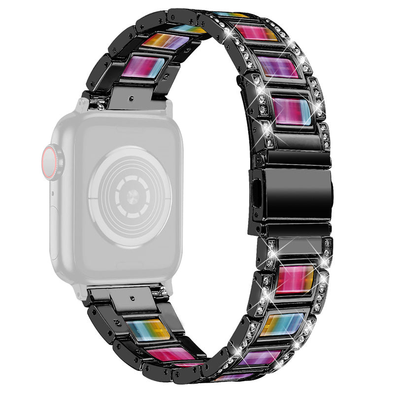 For Apple Watch Series 8 41mm / Series 7 41mm / Series 6 / 5 / 4 / SE / SE(2022) 40mm / Series 3 / 2 / 1 38mm Stainless Steel Watch Band Bling Rhinestone Resin Bracelet Strap Replacement - Black / Colorful - UNIQBUY