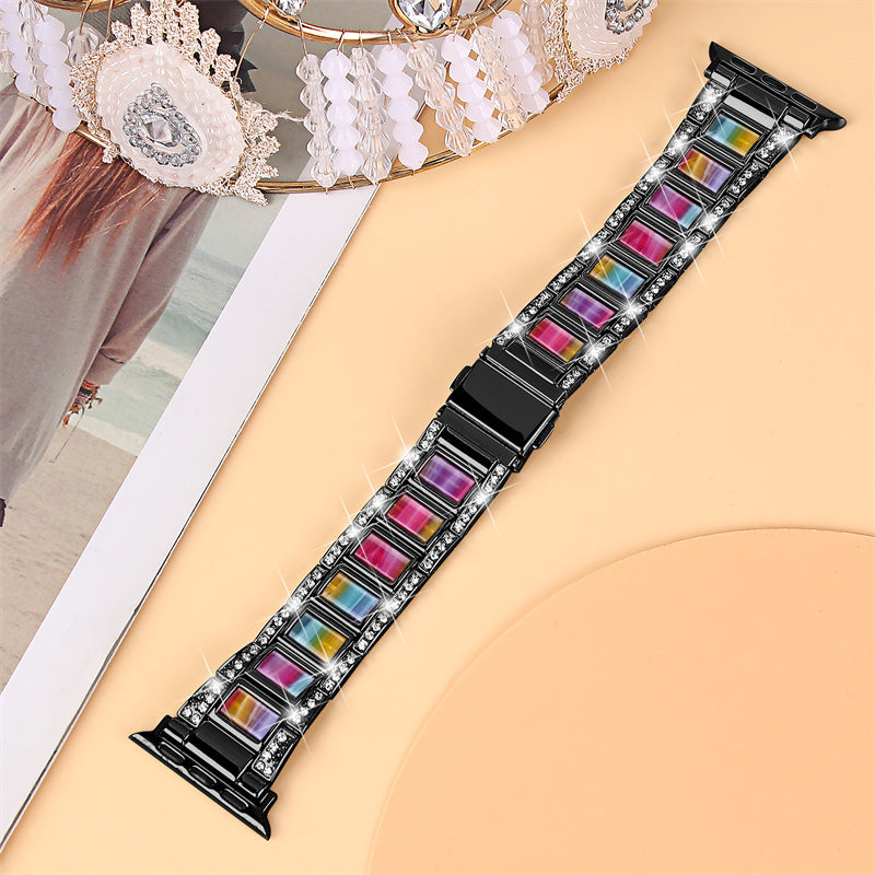 For Apple Watch Series 8 41mm / Series 7 41mm / Series 6 / 5 / 4 / SE / SE(2022) 40mm / Series 3 / 2 / 1 38mm Stainless Steel Watch Band Bling Rhinestone Resin Bracelet Strap Replacement - Black / Colorful - UNIQBUY