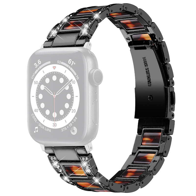 For Apple Watch Series 8 41mm / Series 7 41mm / Series 6 / 5 / 4 / SE / SE(2022) 40mm / Series 3 / 2 / 1 38mm Stainless Steel Watch Band Bling Rhinestone Resin Bracelet Strap Replacement - Black / Tortoiseshell Color - UNIQBUY