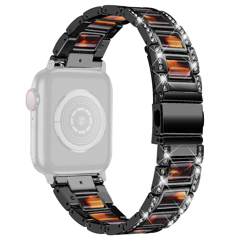 For Apple Watch Series 8 41mm / Series 7 41mm / Series 6 / 5 / 4 / SE / SE(2022) 40mm / Series 3 / 2 / 1 38mm Stainless Steel Watch Band Bling Rhinestone Resin Bracelet Strap Replacement - Black / Tortoiseshell Color - UNIQBUY