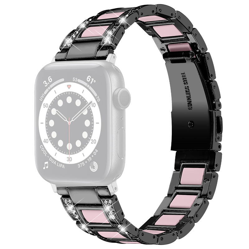 For Apple Watch Series 8 41mm / Series 7 41mm / Series 6 / 5 / 4 / SE / SE(2022) 40mm / Series 3 / 2 / 1 38mm Stainless Steel Watch Band Bling Rhinestone Resin Bracelet Strap Replacement - Black / Pink - UNIQBUY