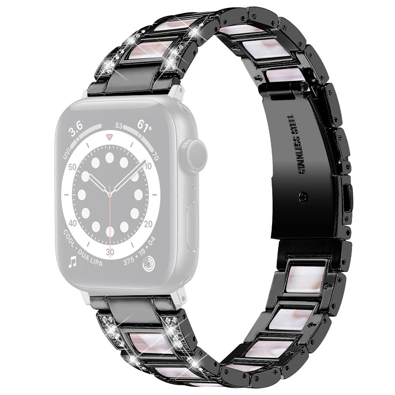 For Apple Watch Series 8 41mm / Series 7 41mm / Series 6 / 5 / 4 / SE / SE(2022) 40mm / Series 3 / 2 / 1 38mm Stainless Steel Watch Band Bling Rhinestone Resin Bracelet Strap Replacement - Black / Pink Mix - UNIQBUY