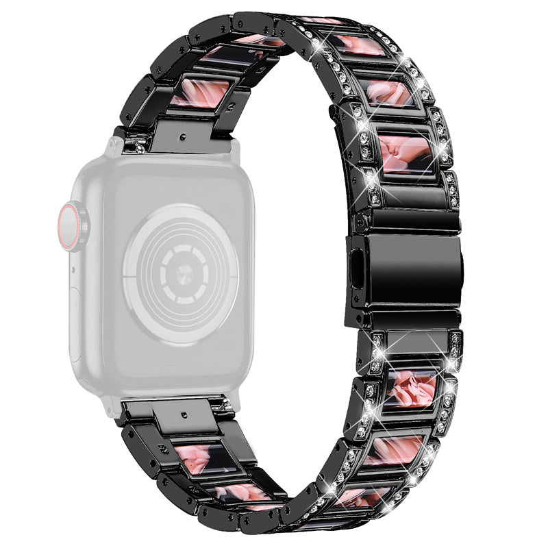 For Apple Watch Series 8 41mm / Series 7 41mm / Series 6 / 5 / 4 / SE / SE(2022) 40mm / Series 3 / 2 / 1 38mm Stainless Steel Watch Band Bling Rhinestone Resin Bracelet Strap Replacement - Black / Black Pink Mix - UNIQBUY