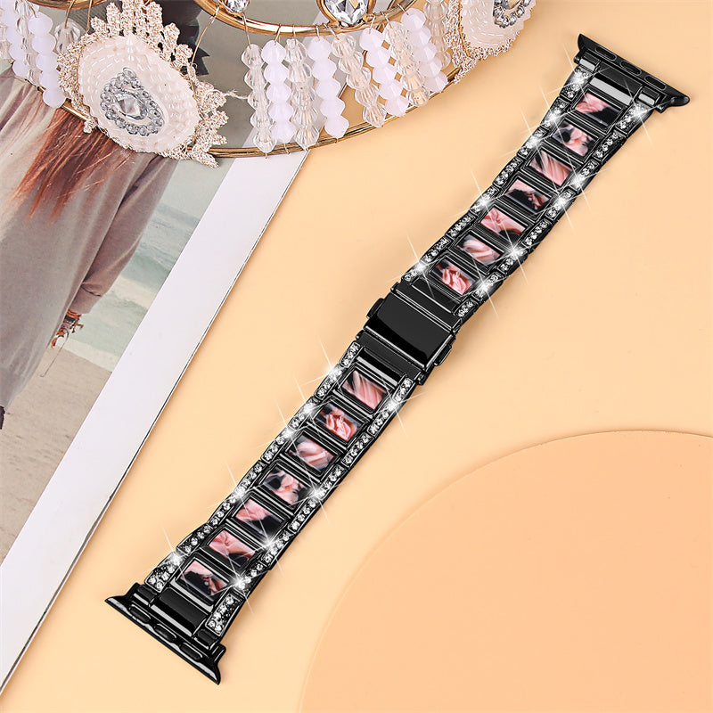 For Apple Watch Series 8 41mm / Series 7 41mm / Series 6 / 5 / 4 / SE / SE(2022) 40mm / Series 3 / 2 / 1 38mm Stainless Steel Watch Band Bling Rhinestone Resin Bracelet Strap Replacement - Black / Black Pink Mix - UNIQBUY
