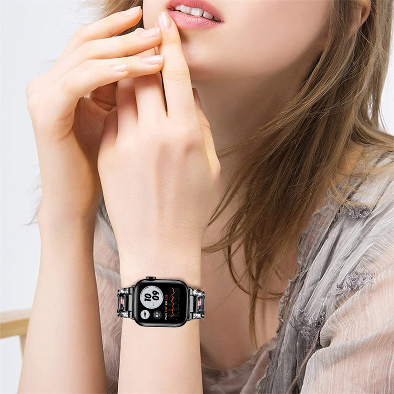 For Apple Watch Series 8 41mm / Series 7 41mm / Series 6 / 5 / 4 / SE / SE(2022) 40mm / Series 3 / 2 / 1 38mm Stainless Steel Watch Band Bling Rhinestone Resin Bracelet Strap Replacement - Black / Black Pink Mix - UNIQBUY