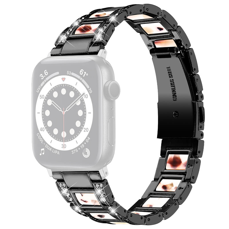 For Apple Watch Series 8 41mm / Series 7 41mm / Series 6 / 5 / 4 / SE / SE(2022) 40mm / Series 3 / 2 / 1 38mm Stainless Steel Watch Band Bling Rhinestone Resin Bracelet Strap Replacement - Black / Nougat Pattern - UNIQBUY