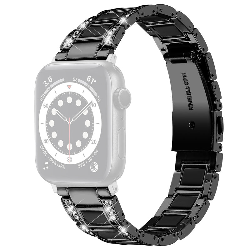 For Apple Watch Series 8 41mm / Series 7 41mm / Series 6 / 5 / 4 / SE / SE(2022) 40mm / Series 3 / 2 / 1 38mm Stainless Steel Watch Band Bling Rhinestone Resin Bracelet Strap Replacement - Black - UNIQBUY