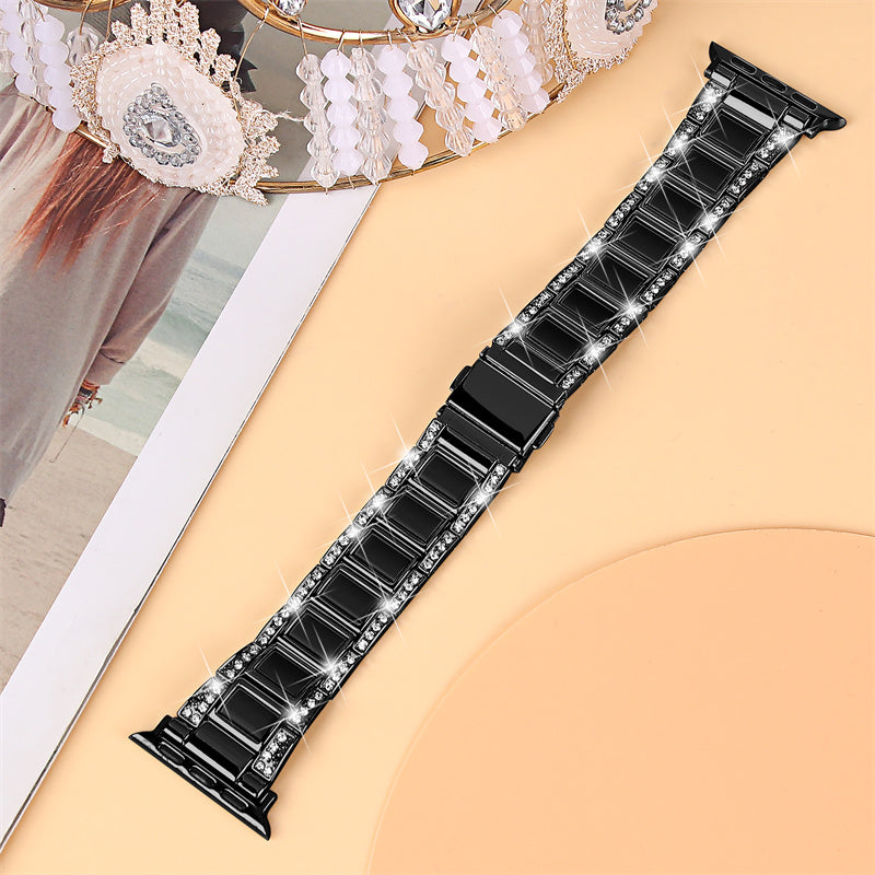 For Apple Watch Series 8 41mm / Series 7 41mm / Series 6 / 5 / 4 / SE / SE(2022) 40mm / Series 3 / 2 / 1 38mm Stainless Steel Watch Band Bling Rhinestone Resin Bracelet Strap Replacement - Black - UNIQBUY