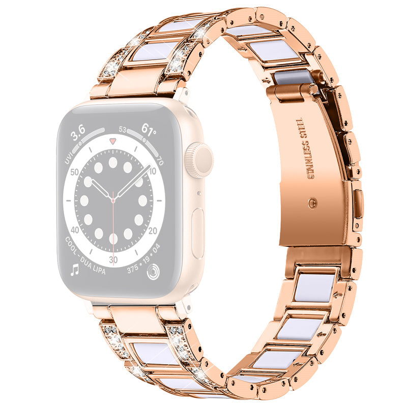 For Apple Watch Series 8 41mm / Series 7 41mm / Series 6 / 5 / 4 / SE / SE(2022) 40mm / Series 3 / 2 / 1 38mm Stainless Steel Watch Band Bling Rhinestone Resin Bracelet Strap Replacement - Rose Gold / White - UNIQBUY