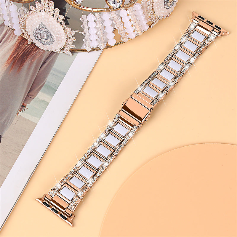 For Apple Watch Series 8 41mm / Series 7 41mm / Series 6 / 5 / 4 / SE / SE(2022) 40mm / Series 3 / 2 / 1 38mm Stainless Steel Watch Band Bling Rhinestone Resin Bracelet Strap Replacement - Rose Gold / White - UNIQBUY