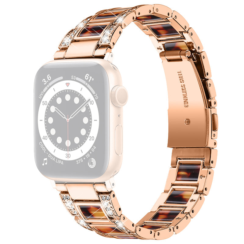 For Apple Watch Series 8 41mm / Series 7 41mm / Series 6 / 5 / 4 / SE / SE(2022) 40mm / Series 3 / 2 / 1 38mm Stainless Steel Watch Band Bling Rhinestone Resin Bracelet Strap Replacement - Rose Gold / Tortoiseshell Color - UNIQBUY