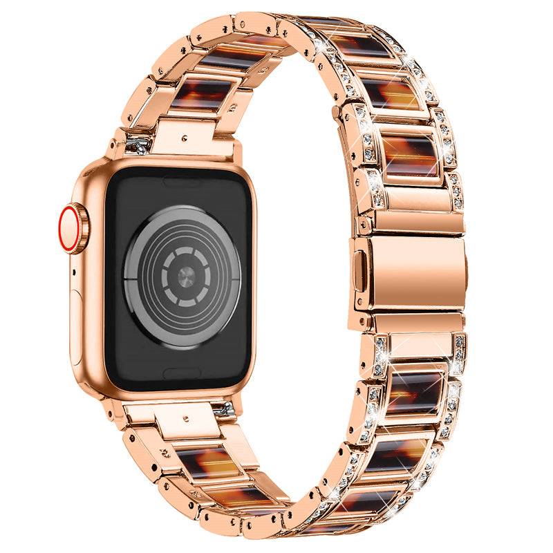 For Apple Watch Series 8 41mm / Series 7 41mm / Series 6 / 5 / 4 / SE / SE(2022) 40mm / Series 3 / 2 / 1 38mm Stainless Steel Watch Band Bling Rhinestone Resin Bracelet Strap Replacement - Rose Gold / Tortoiseshell Color - UNIQBUY