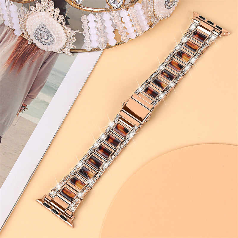 For Apple Watch Series 8 41mm / Series 7 41mm / Series 6 / 5 / 4 / SE / SE(2022) 40mm / Series 3 / 2 / 1 38mm Stainless Steel Watch Band Bling Rhinestone Resin Bracelet Strap Replacement - Rose Gold / Tortoiseshell Color - UNIQBUY