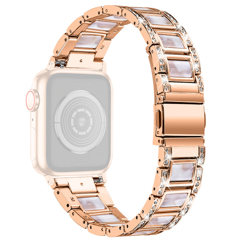For Apple Watch Series 8 41mm / Series 7 41mm / Series 6 / 5 / 4 / SE / SE(2022) 40mm / Series 3 / 2 / 1 38mm Stainless Steel Watch Band Bling Rhinestone Resin Bracelet Strap Replacement - Rose Gold / Pink Mix - UNIQBUY
