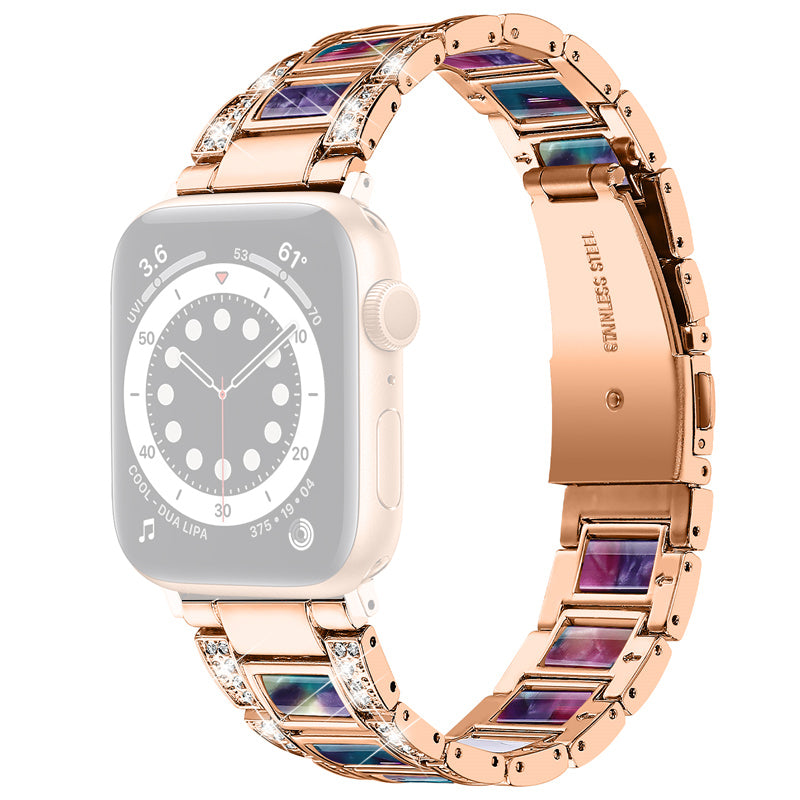 For Apple Watch Series 8 41mm / Series 7 41mm / Series 6 / 5 / 4 / SE / SE(2022) 40mm / Series 3 / 2 / 1 38mm Stainless Steel Watch Band Bling Rhinestone Resin Bracelet Strap Replacement - Rose Gold / Purple Green Mix - UNIQBUY