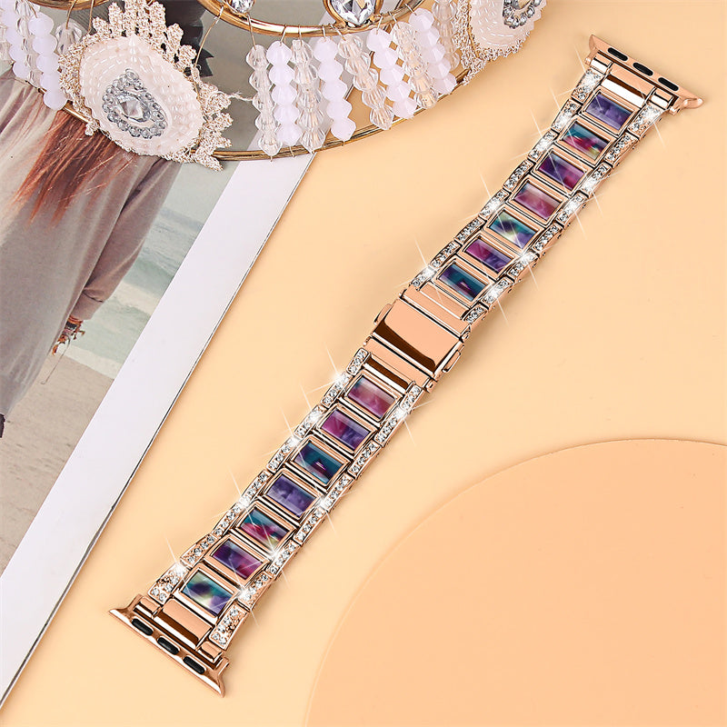 For Apple Watch Series 8 41mm / Series 7 41mm / Series 6 / 5 / 4 / SE / SE(2022) 40mm / Series 3 / 2 / 1 38mm Stainless Steel Watch Band Bling Rhinestone Resin Bracelet Strap Replacement - Rose Gold / Purple Green Mix - UNIQBUY