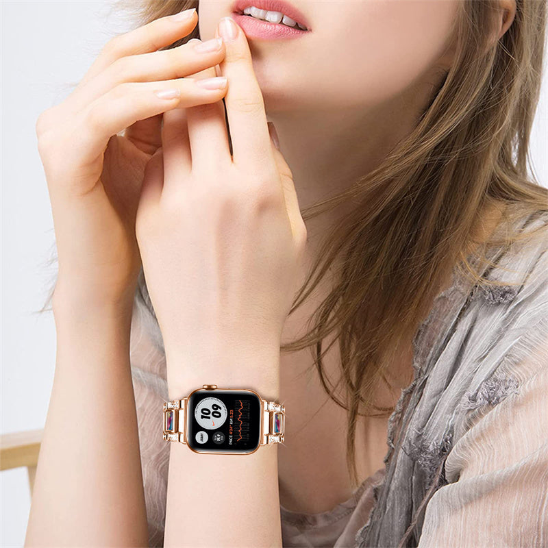 For Apple Watch Series 8 41mm / Series 7 41mm / Series 6 / 5 / 4 / SE / SE(2022) 40mm / Series 3 / 2 / 1 38mm Stainless Steel Watch Band Bling Rhinestone Resin Bracelet Strap Replacement - Rose Gold / Purple Green Mix - UNIQBUY