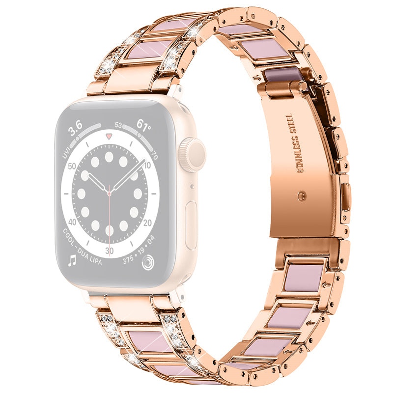 For Apple Watch Series 8 41mm / Series 7 41mm / Series 6 / 5 / 4 / SE / SE(2022) 40mm / Series 3 / 2 / 1 38mm Stainless Steel Watch Band Bling Rhinestone Resin Bracelet Strap Replacement - Rose Gold / Pink - UNIQBUY