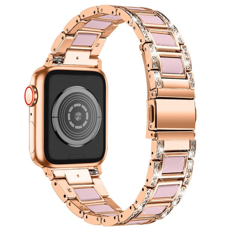 For Apple Watch Series 8 41mm / Series 7 41mm / Series 6 / 5 / 4 / SE / SE(2022) 40mm / Series 3 / 2 / 1 38mm Stainless Steel Watch Band Bling Rhinestone Resin Bracelet Strap Replacement - Rose Gold / Pink - UNIQBUY