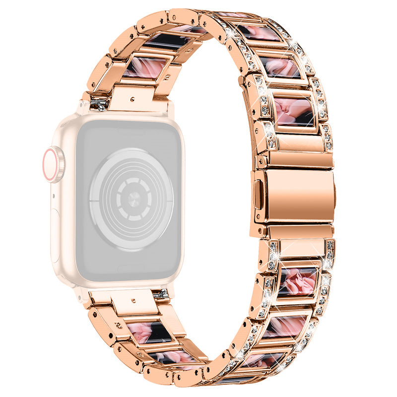 For Apple Watch Series 8 41mm / Series 7 41mm / Series 6 / 5 / 4 / SE / SE(2022) 40mm / Series 3 / 2 / 1 38mm Stainless Steel Watch Band Bling Rhinestone Resin Bracelet Strap Replacement - Rose Gold / Black Pink Mix - UNIQBUY