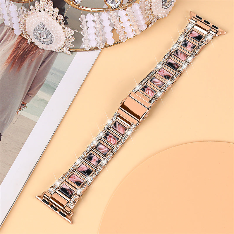 For Apple Watch Series 8 41mm / Series 7 41mm / Series 6 / 5 / 4 / SE / SE(2022) 40mm / Series 3 / 2 / 1 38mm Stainless Steel Watch Band Bling Rhinestone Resin Bracelet Strap Replacement - Rose Gold / Black Pink Mix - UNIQBUY