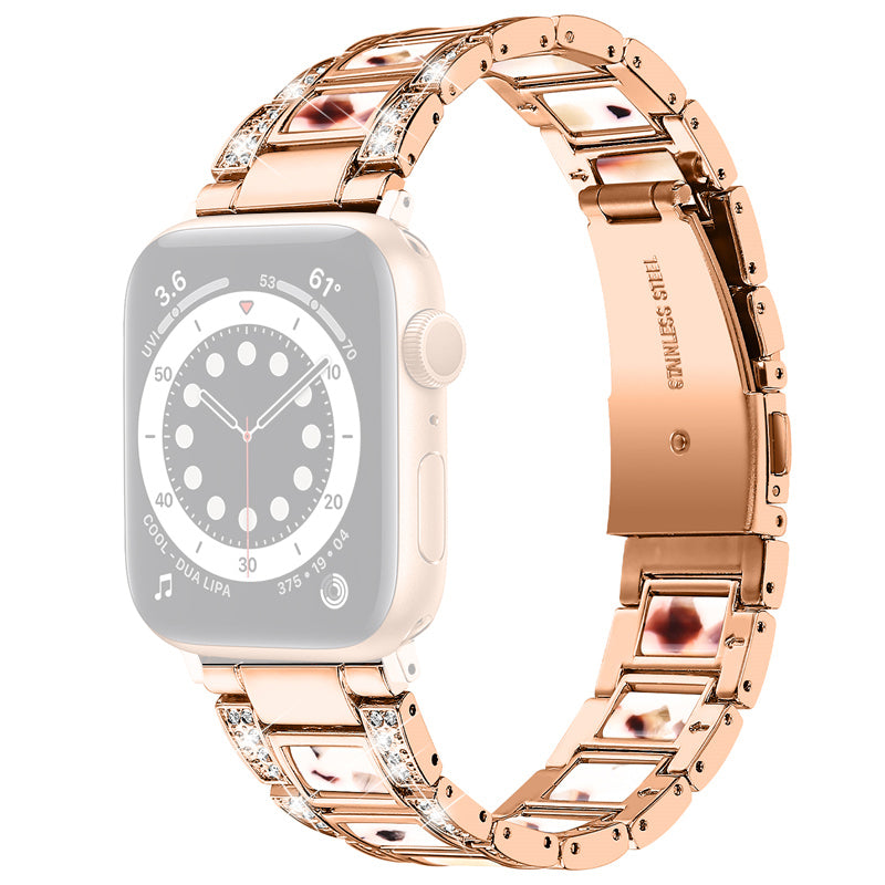 For Apple Watch Series 8 41mm / Series 7 41mm / Series 6 / 5 / 4 / SE / SE(2022) 40mm / Series 3 / 2 / 1 38mm Stainless Steel Watch Band Bling Rhinestone Resin Bracelet Strap Replacement - Rose Gold / Nougat Pattern - UNIQBUY