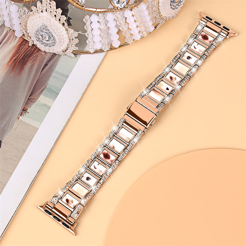 For Apple Watch Series 8 41mm / Series 7 41mm / Series 6 / 5 / 4 / SE / SE(2022) 40mm / Series 3 / 2 / 1 38mm Stainless Steel Watch Band Bling Rhinestone Resin Bracelet Strap Replacement - Rose Gold / Nougat Pattern - UNIQBUY