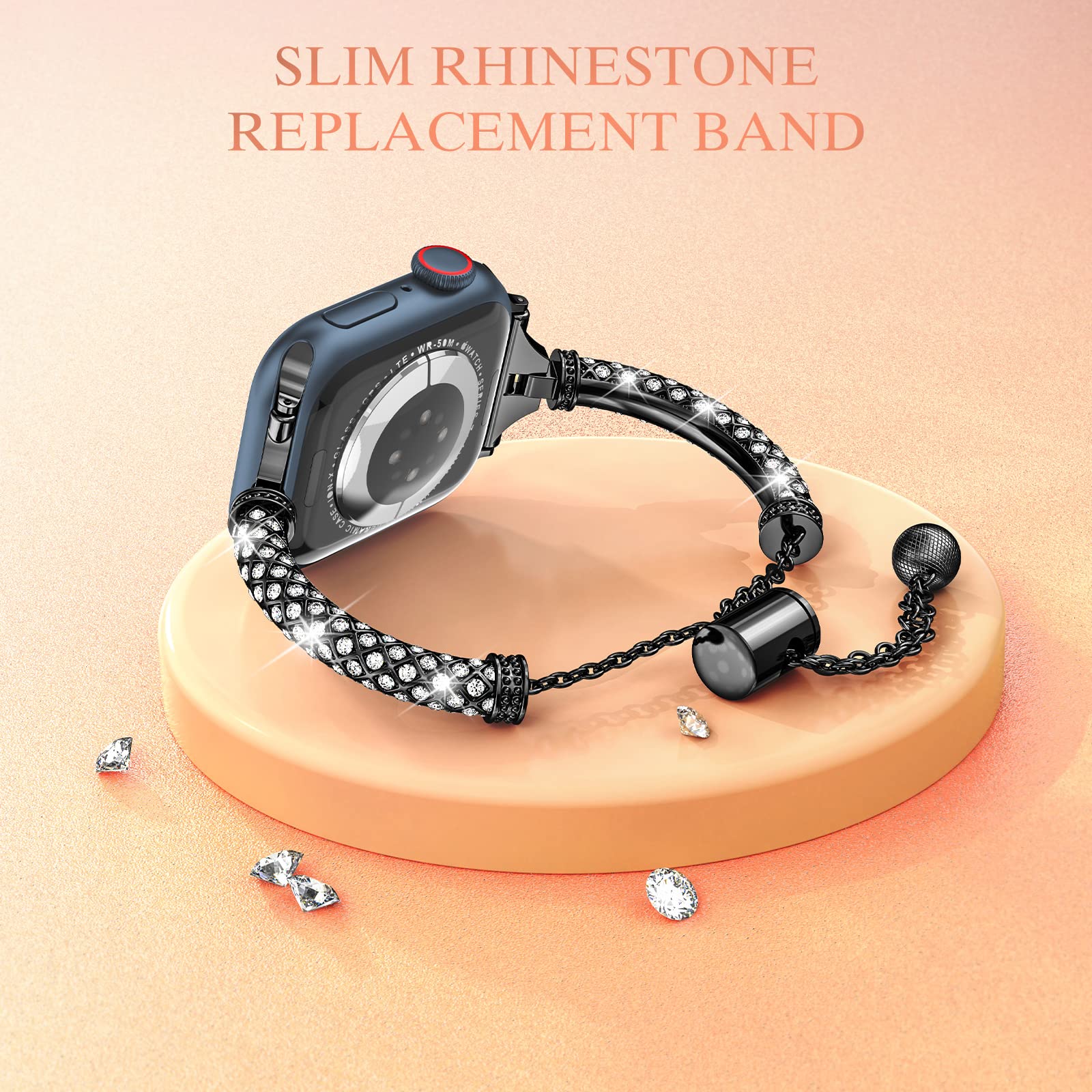 For Apple Watch SE / SE (2022) 40mm / Series 7 / 8 41mm / 4 / 5 / 6 40mm / 1 / 2 / 3 38mm Metal Stretch Jewelry Watch Strap Rhinestone Decorated Wristband for Women Girls - Black - UNIQBUY